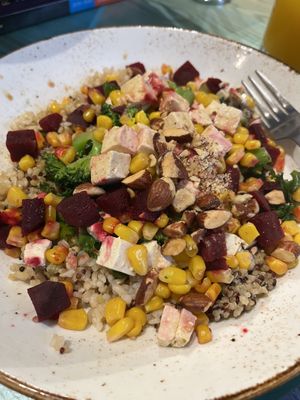 Adventurer bowl (sub cheddar rice for brown rice and extra tofu)  at Life Alive Organic Cafe in Cambridge