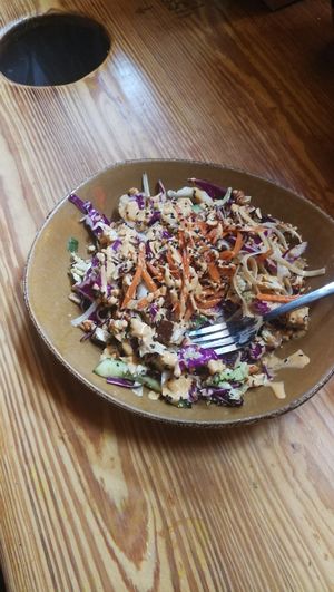 2. Bahn Mi US$9.75+
Vietnamese salad with cabbage, mint, cilantro, rice noodles, marinated tofu, peanuts, sweet pickles, spicy cashew aoili & ginger vinaigrette
 at Life Alive Organic Cafe in Cambridge