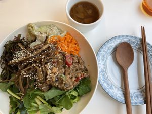 Tempeh Bean Paste Bibimbap (Tempeh bean paste sauce, seaweed, chayote, sweet pumpkin, carrot, burdock, euro salad mix)  at Sunny Bowl in Seoul