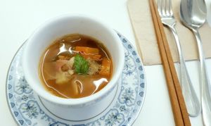 Tomato vegetable soup (complimentary) at Sunny Bowl in Seoul