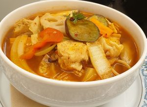 veggie spicy noodle soup at Sunny Bowl in Seoul