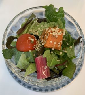 When ordering a soup dish you‘ll get a tiny side salad instead of a soup as complementary starter. Very thoughtful!  at Sunny Bowl in Seoul