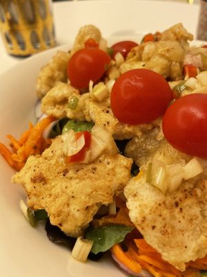Close-up; chicken salad bowl  at Sunny Bowl in Seoul