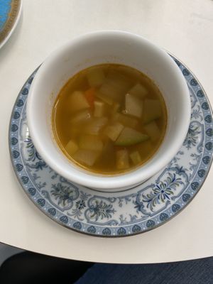 Complementary veggie soup   at Sunny Bowl in Seoul