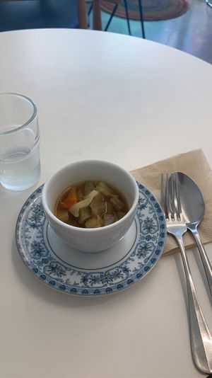 Soup is served before meal- very good  at Sunny Bowl in Seoul