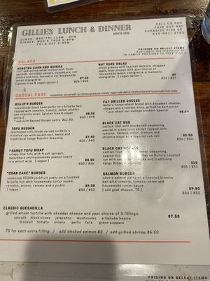 Lunch menu at Gillie's in Blacksburg