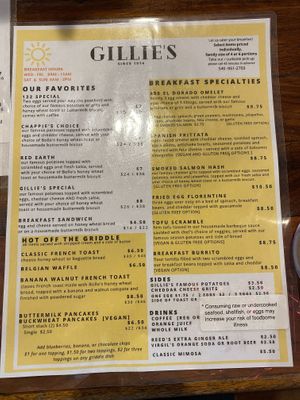 Breakfast menu at Gillie's in Blacksburg