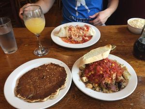 Buckwheat pancake, tofu, potatoes, salsa and french bread. All very good!  at Gillie's in Blacksburg