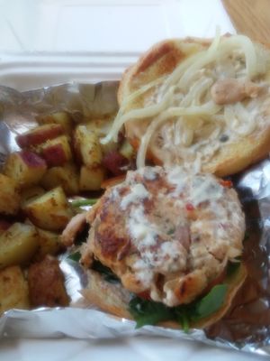 The vegan crabcake sandwich with potatoes at Gilleys. Delicious.  at Gillie's in Blacksburg