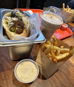 Falafel pita , the shawarma fries and the Turkish coffee tahini shake 🤤   at Goldie - Fishtown in Philadelphia