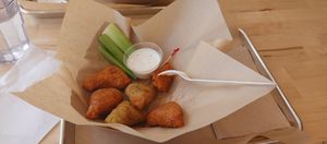 Variety of vegan wings at Saucy Cluckers in Boulder