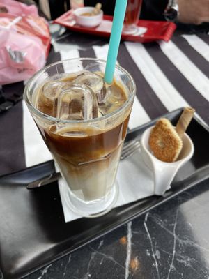 Iced oat latte (did not eat/confirm whether biscuits were vegan)  at King's Coffee Shop in Goreme