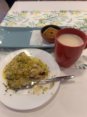 Lemon cake and hot plant milk   at King's Coffee Shop in Goreme