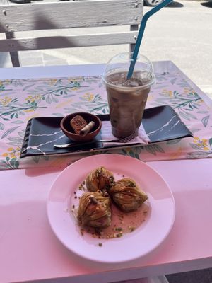 Vegan pistachio iced latte and vegan baklava  at King's Coffee Shop in Goreme