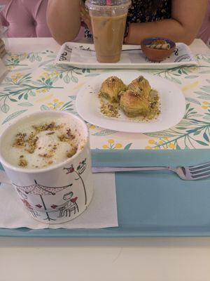 Vegan pistacchio Baklava and vegan milk pistachio Salep. so goood! at King's Coffee Shop in Goreme