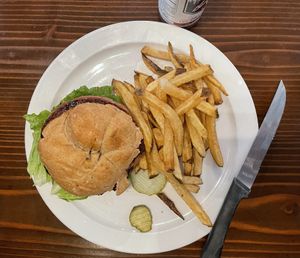 Beyond Burger with tasty fries!  at The Victorian Cafe in Bend