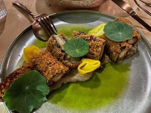 Crumbed eggplant with baba ganoush at Herbert in Noosa Heads