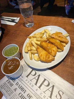 Tofish and chips with mushy peas and curry sauce   at Papa's Fish & Chips in Blackpool