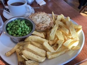 Pie and garden peas  at Papa's Fish & Chips in Blackpool