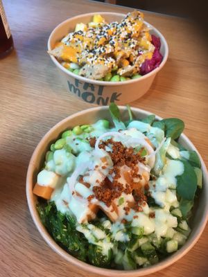 Greek Zalmon bowl and Planted chicken bowl at Fat Monk – Wien Quartier Belvedere in Vienna