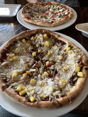 Hawaiian & Sausage-pepper-onion pizzas  at Sage Bistro and KindKreme in Los Angeles