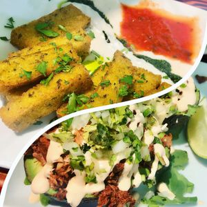 Polenta Tots & Jackfruit Stuffed Avocado  at Sage Bistro and KindKreme in Los Angeles