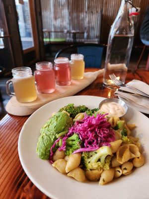 Broccoli pasta bowl and kombucha flight. SO GOOD. at Sage Bistro and KindKreme in Los Angeles