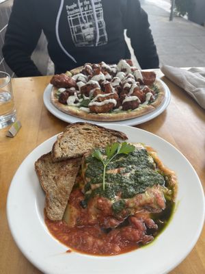 Buffalo Cauliflower pizza and Farmer’s Lasagna  at Sage Bistro and KindKreme in Los Angeles