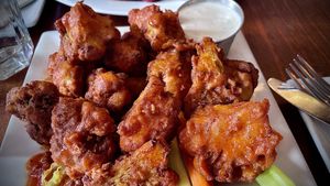 Buffalo cauliflower with a side of vegan ranch  at Sage Bistro and KindKreme in Los Angeles