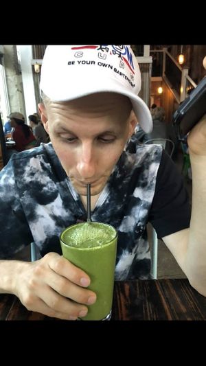 Somebody very enjoy his green juice lol at Sage Bistro and KindKreme in Los Angeles