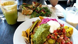 Nachos and BLT with pumpkin shake and juice at Sage Bistro and KindKreme in Los Angeles