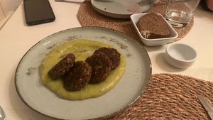 Meatballs, with smashed peas and potatoes at Kumin Vegan Lezzetler in Istanbul
