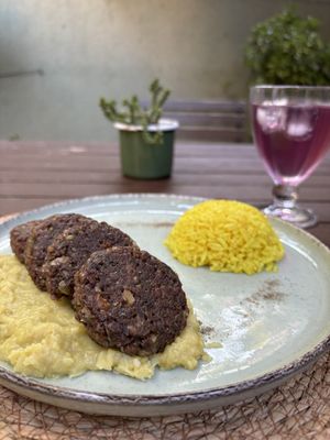 Lentil meatballs with rice and mash potatoes, with the sherbet   at Kumin Vegan Lezzetler in Istanbul