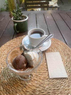 Vanilla and chocolate vegan ice cream. Turkish tea    at Kumin Vegan Lezzetler in Istanbul