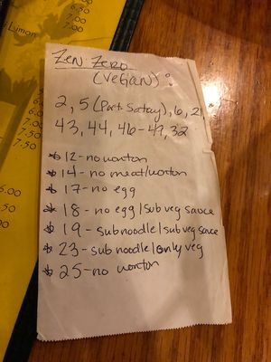 This is a list from my waitress of the current menu numbers that can be modified to be made vegan (as of feb 2018)  at Zen Zero in Lawrence