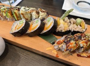 Eggplant Asparagus, Veggie Tempura, and the Hashi Vegan roll  at Hashi Gawa in Alameda