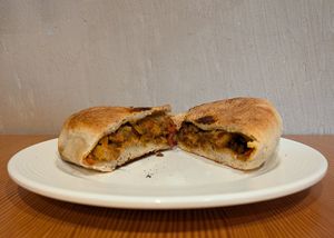 BBQ Soy-Curl Stuffed Bun from Secret Pizza Society at Carnelian Coffee in Portland