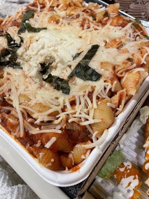 Rosie’s Shells and Sauce (shells, red sauce and almond ricotta).  at Vegano Italiano - Food Truck in Ann Arbor