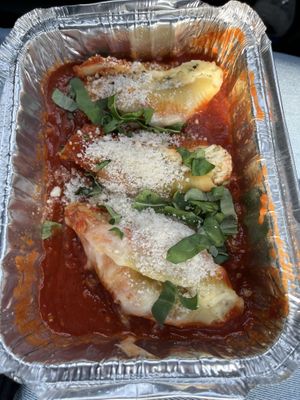 Stuffed shells, order comes with 5 shells, but they were all out of large containers, so they split the order into two smaller ones.  at Vegano Italiano - Food Truck in Ann Arbor