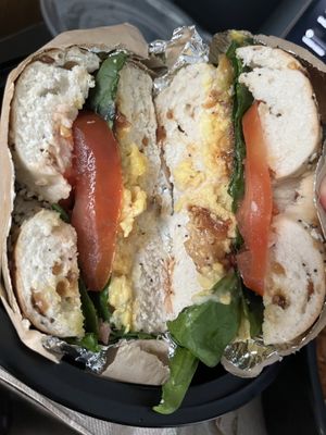 Bagel Sandwich: just egg, tempeh bacon, tomato, spinach + cream cheese. the bacon was so good! probably my favorite vegan bacon  at Vegano Italiano - Food Truck in Ann Arbor