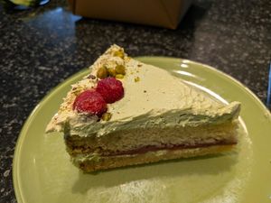 Pistachio raspberry cake at Botanical Bakeshop in Milan