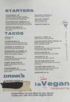 English Menu with Prices. at La Vegan Taqueria in Tulum