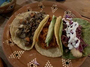 L-R "PICADILLO" Taco, "TINGA" Taco, & TOFISH Taco  at La Vegan Taqueria in Tulum