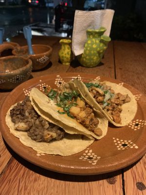 Tacos de picadillo de lentejas, chorizo con papas y campechano  at La Vegan Taqueria in Tulum