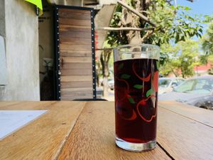 Agua de jamaica (hibiscus)  at La Vegan Taqueria in Tulum