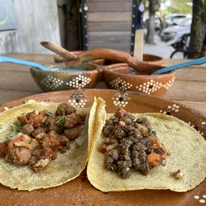 All vegan tacos 🌮🌱 lentils & soy ~ served with sauces and rice and beans   at La Vegan Taqueria in Tulum