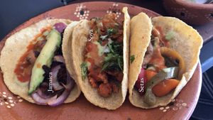 Todo está delicioso pero el de Jamaica fue mi favorito y hacen un queso de papas muyyy bueno! at La Vegan Taqueria in Tulum