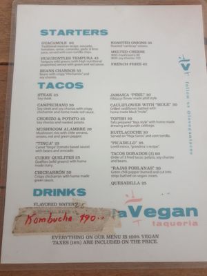 Amazing menu of vegan tacos at La Vegan Taqueria in Tulum