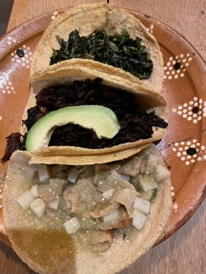 Jamaica tacos in the center. A different flavor.  at La Vegan Taqueria in Tulum