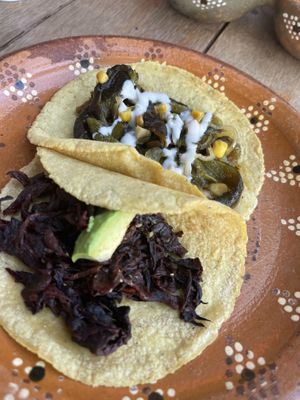 Tacos Rajas (poblano y elote) y Jamaicas  at La Vegan Taqueria in Tulum
